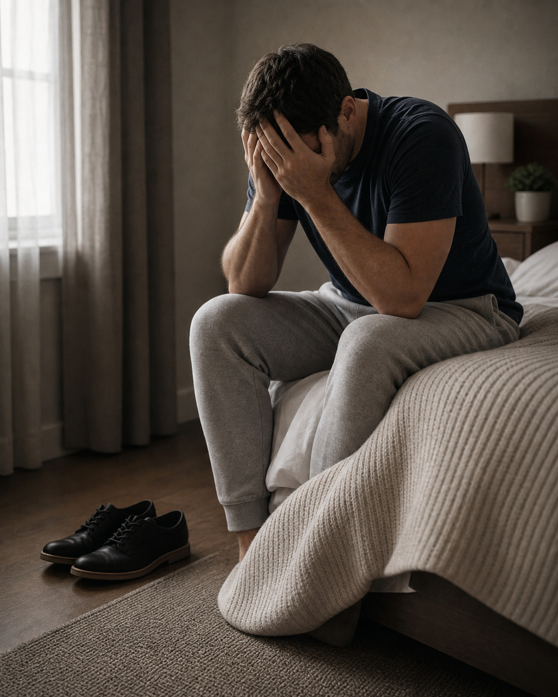 A man sitting on the edge of the bed, head in hands, closed shoes on the floor