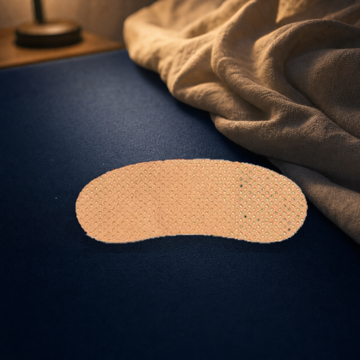 Treatonic night patch resting on a navy nightstand