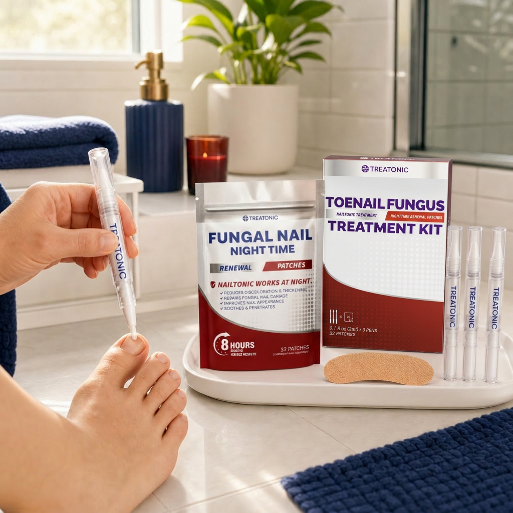 Applying the Treatonic day pen in a bright bathroom