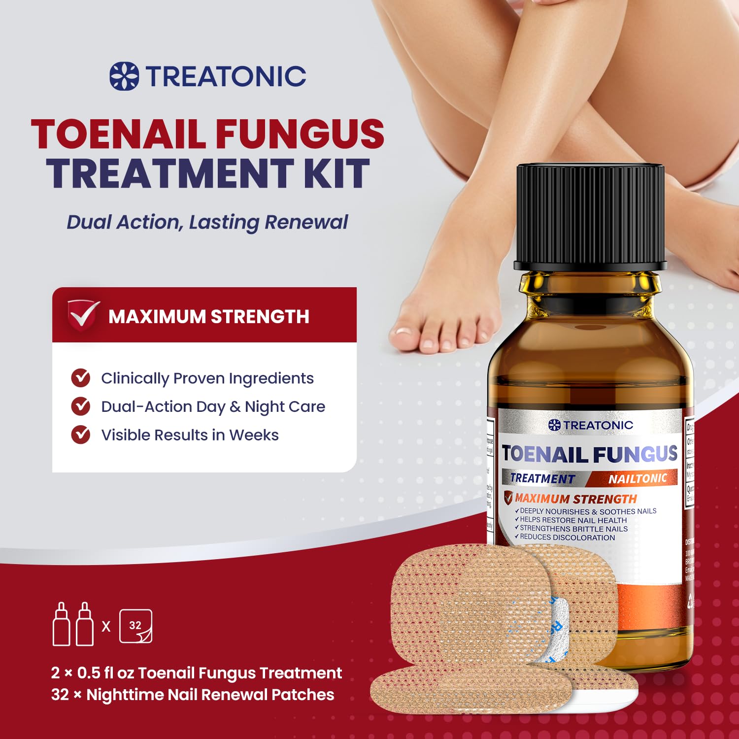 Treatonic Toenail Fungus Treatment Kit: Extra Strength Antifungal Nail Repair Solution with 25% Undecylenic Acid (30 mL) & 32 Nighttime Renewal Patches - Repairs Damaged & Restores Discolored Nails