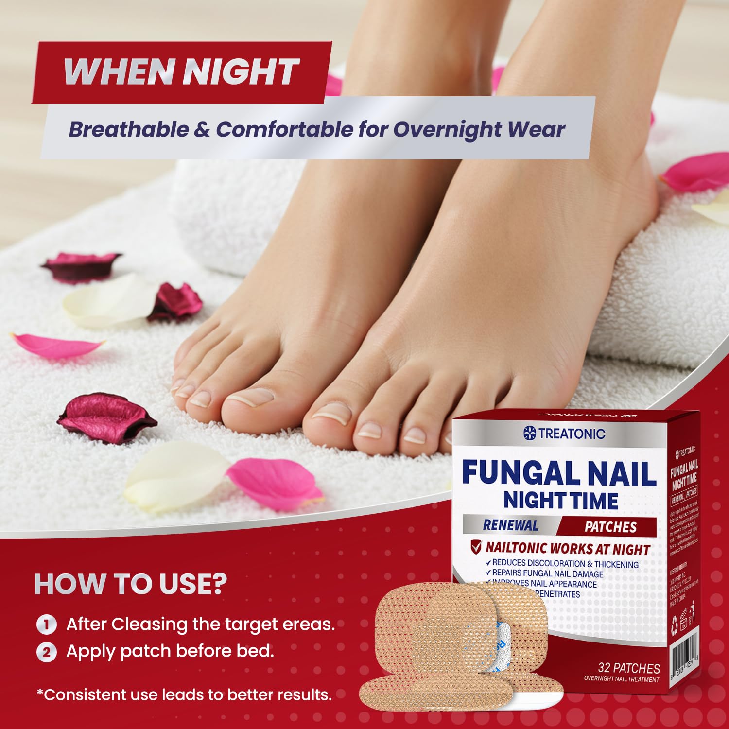 Treatonic Toenail Fungal Nail Patches: Nighttime Renewal Nail Repair Patch (32Pcs)