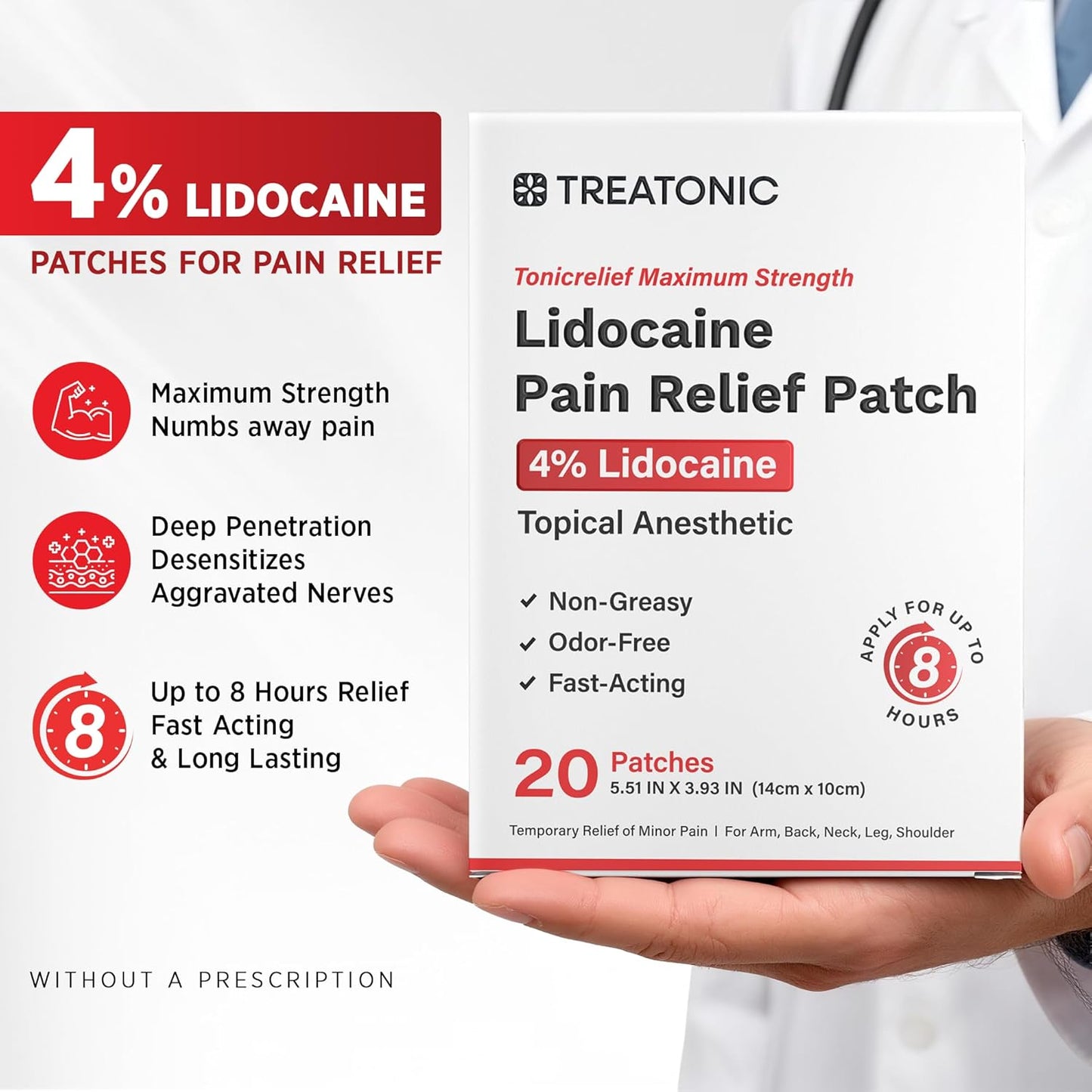 Treatonic Lidocaine Pain Relief Patch: Maximum Strength 4% Lidocaine