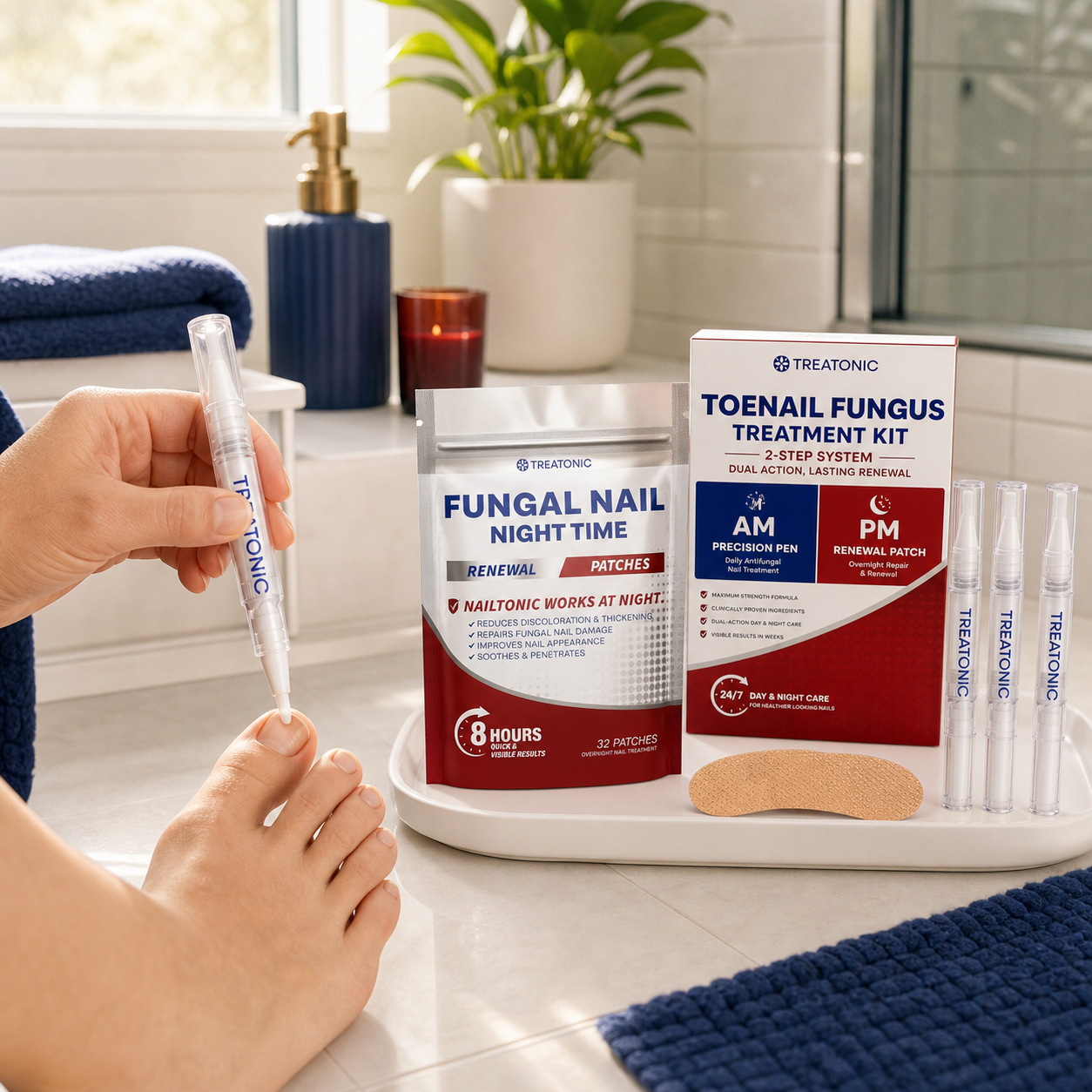 Applying the Treatonic Day Pen to a toenail in the morning