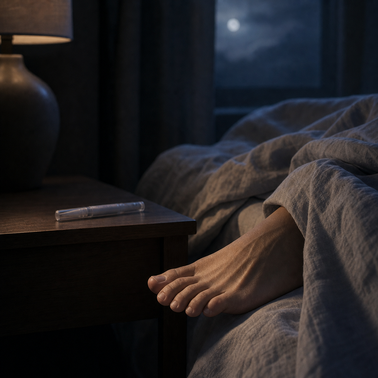 A bare foot resting at the edge of the bed at night, an unused treatment pen on the nightstand