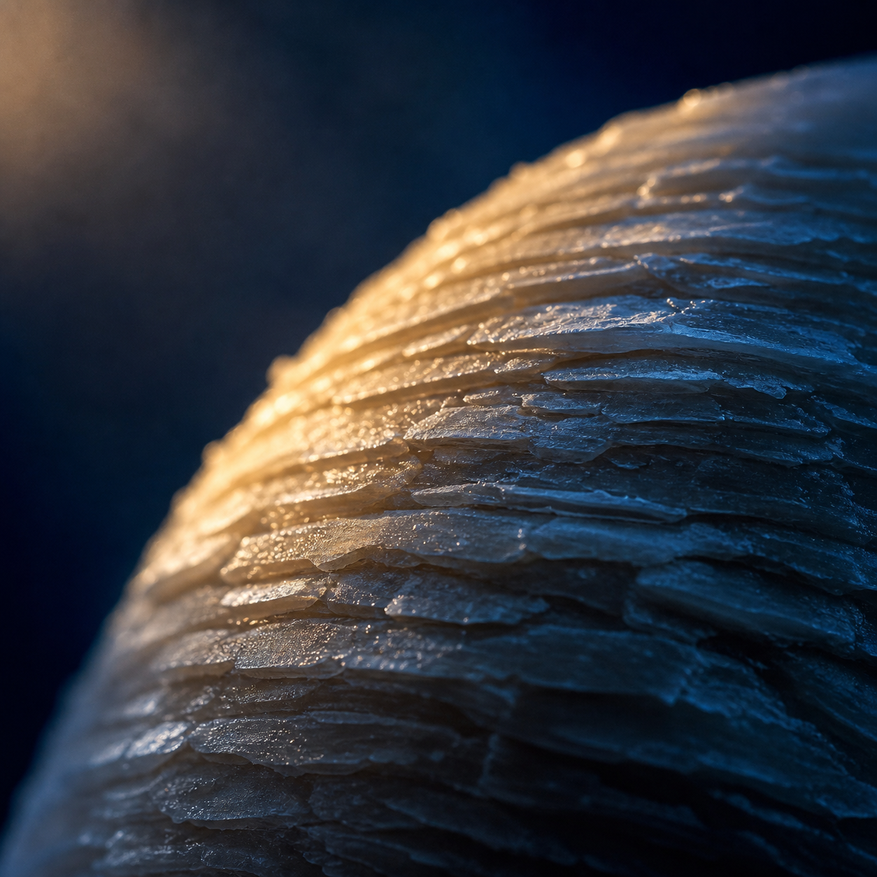 Macro view of a hardened, layered protective shell forming under cold light