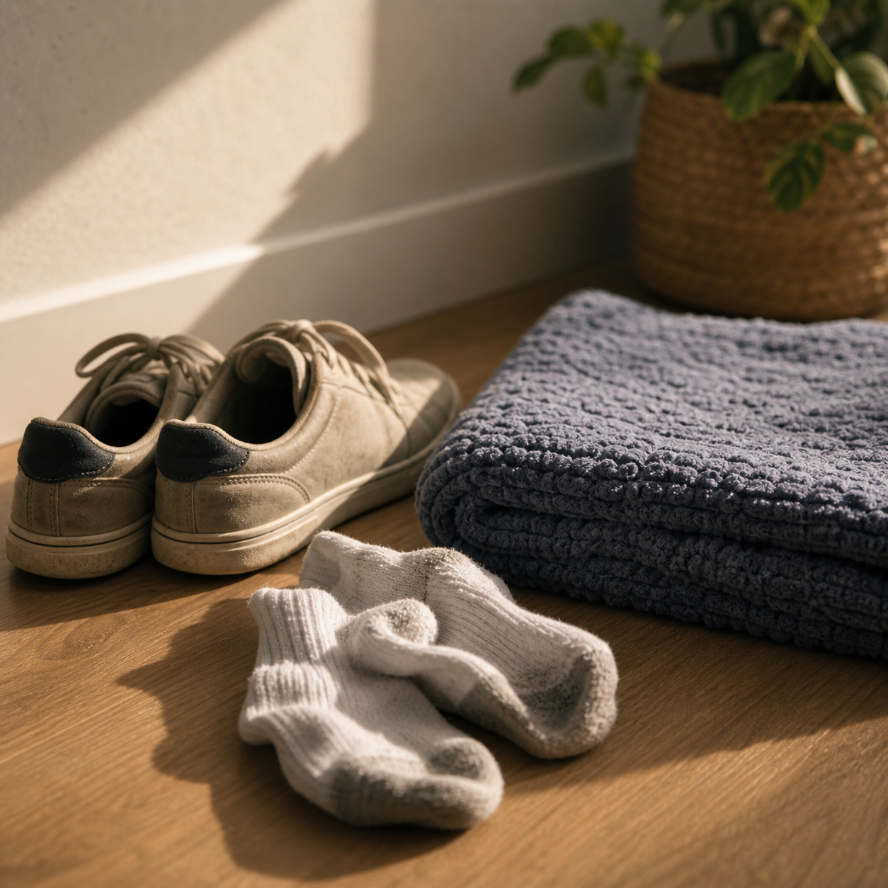Worn shoes, socks and a folded bath mat together on a wooden floor