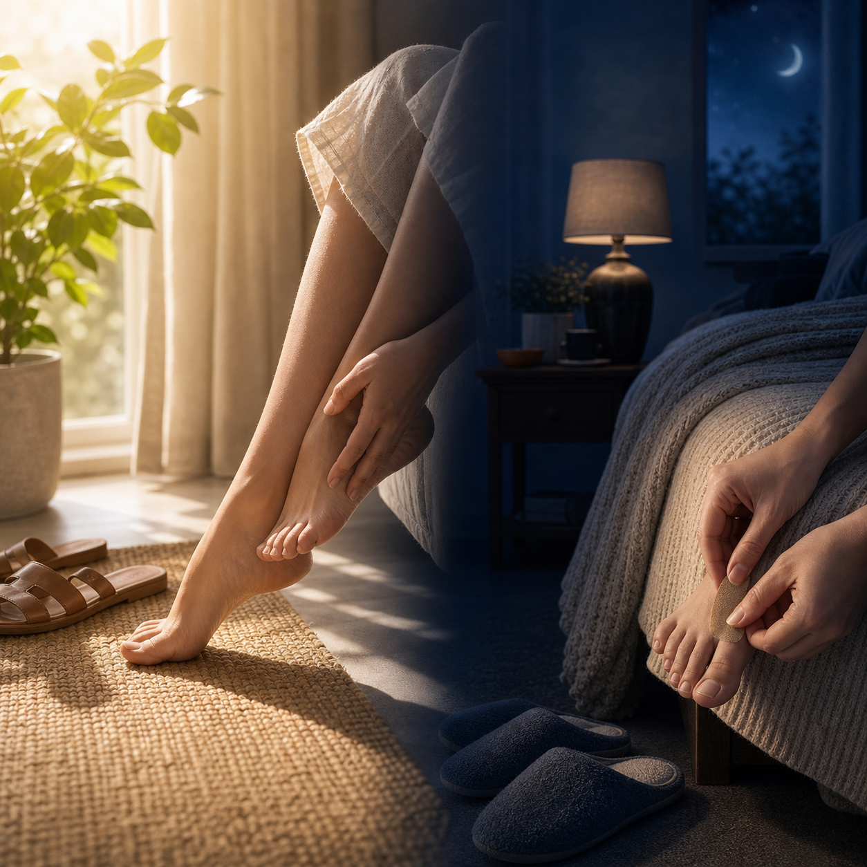 A foot scene blending from daylight into night