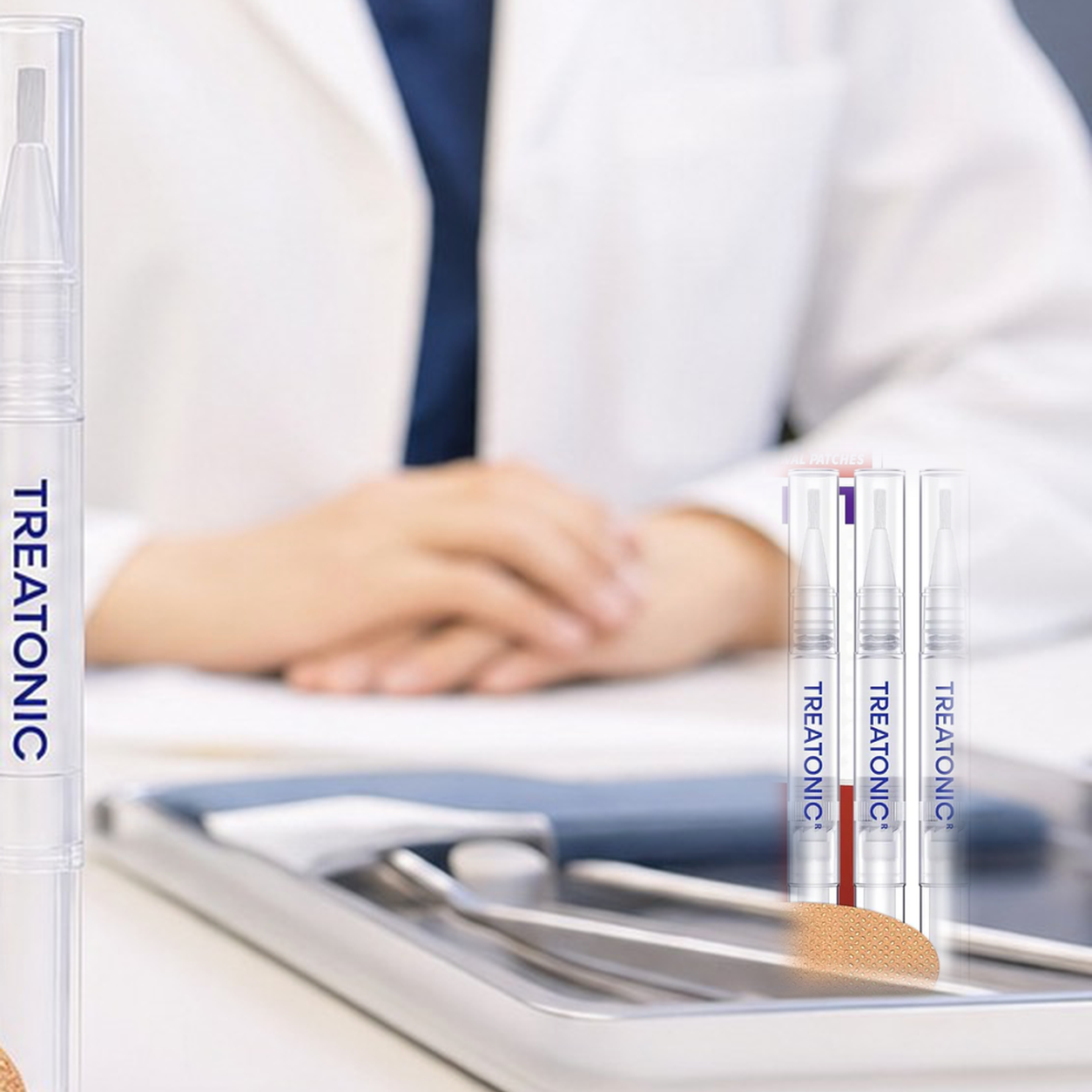 Treatonic pens on a clinician's tray in a clinic