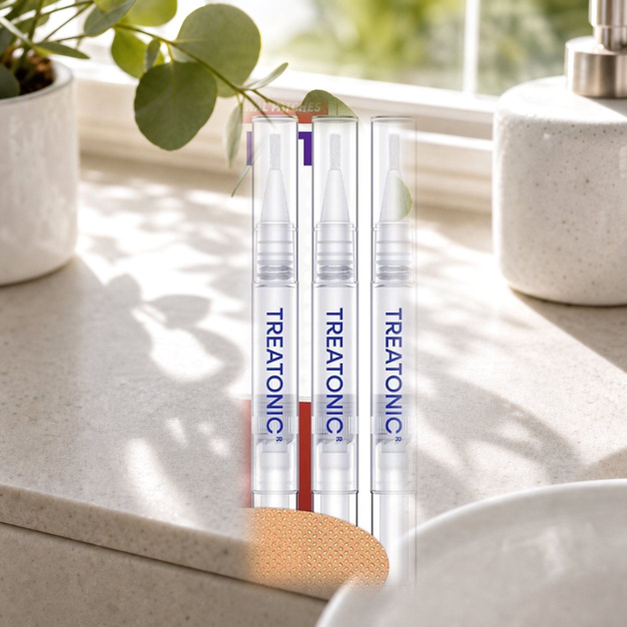 Treatonic day pens on a sunlit bathroom windowsill